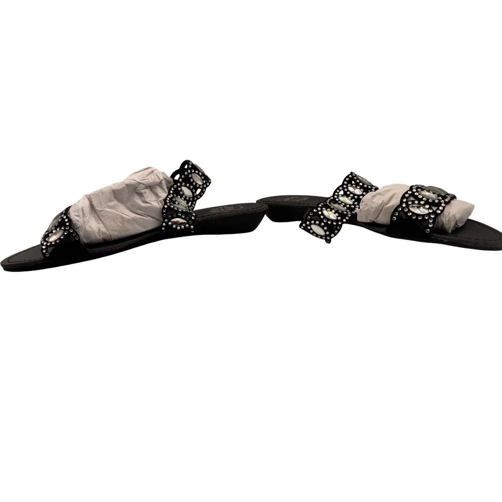 Yellow Box Premium P-Warlow Black Leather Jeweled Rhinestone Slide Sandals 6.5 M - Picture 2 of 6